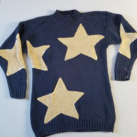 VTG navy & gold mock turtleneck knit pullover sweater - Picture 2 of 6